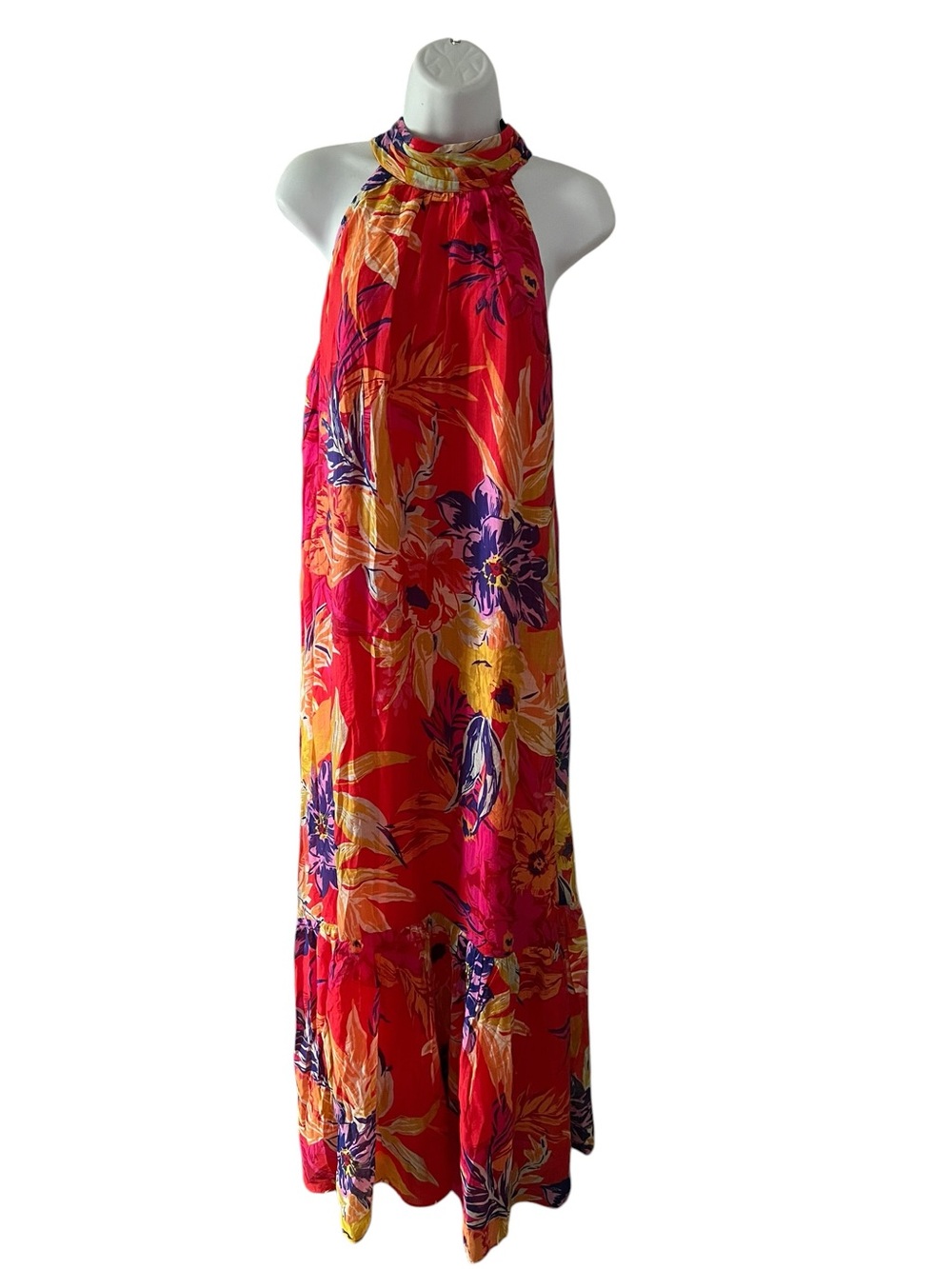 Cynthia Steffe Tropical Floral Halter Maxi Dress L Pink Orange Resortwear Summer